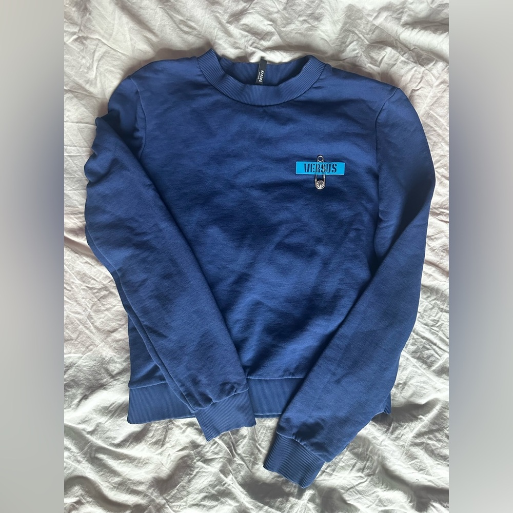 Versus Versace Blue Crewneck Sweatshirt Safety Pin Lion Logo Patch Pullover S